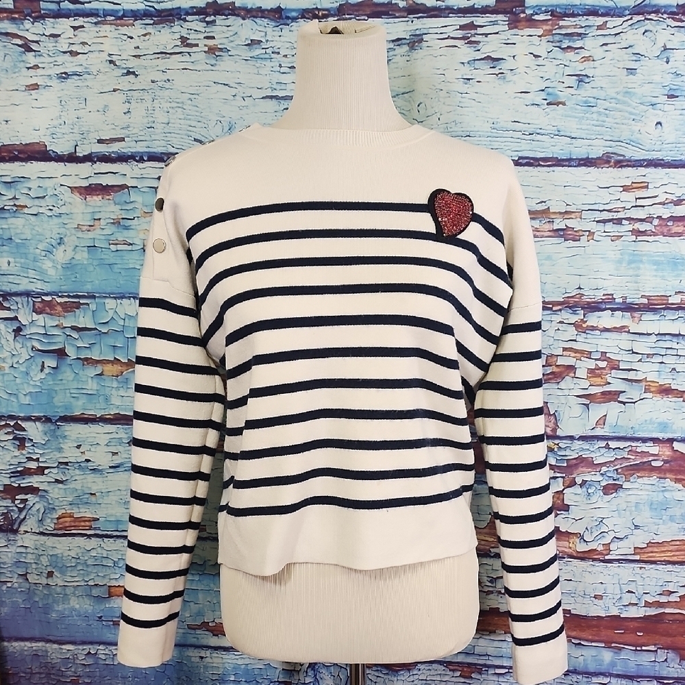 Maje White and Black Crew Neck Sweater with Heart Detail